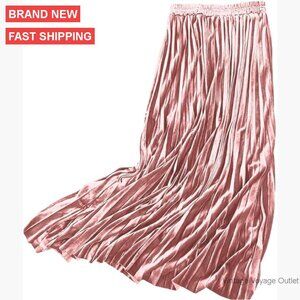 Velvet Maxi Pleated Skirt High Waisted A-Line Ankle Length Fall Winter